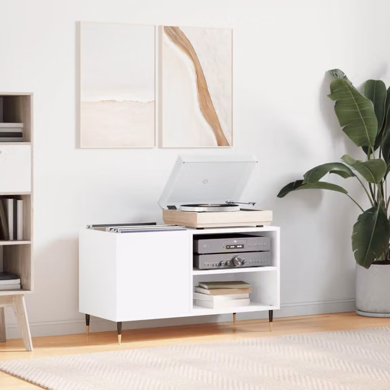 vidaXL Mobile Porta Dischi Bianco in Legno e Metallo L: 85 cm, P: 38 cm, H: 48 cm