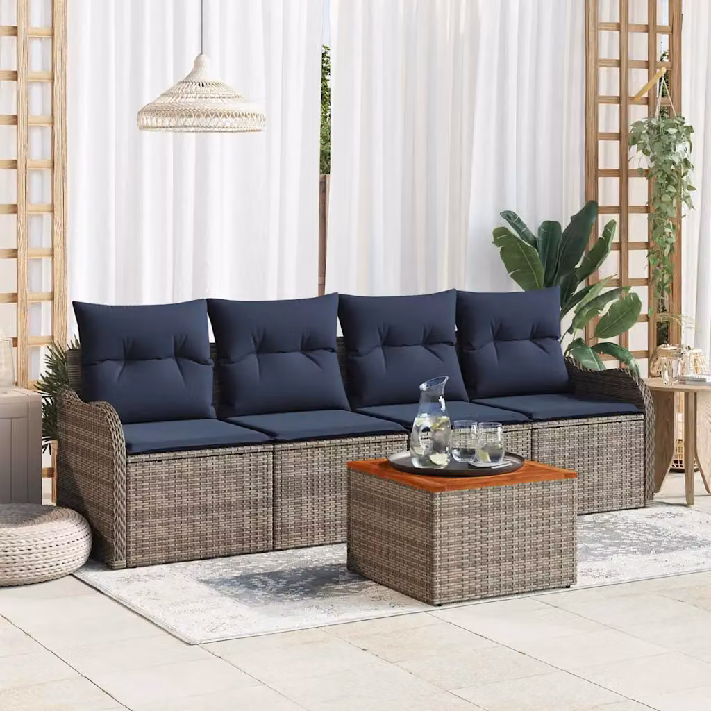 Set Divano da Giardino vidaXL 5 Pezzi in Polyrattan Grigio con Cuscini e Tavolino