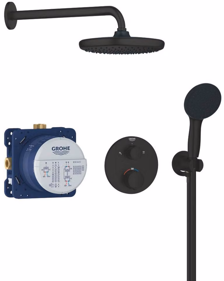 Sistema doccia da 250 mm con soffione a pioggia e doccetta manuale, termostatico, colore nero