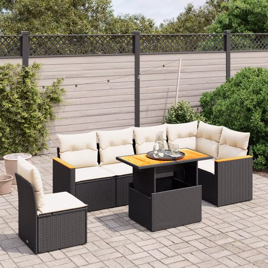 vidaXL Set Divani da Giardino a L con Cuscini 7pz in Polyrattan Nero e Legno di Acacia – 1