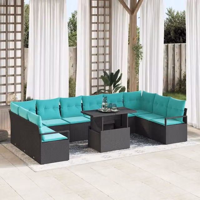 Set Divano da Giardino vidaXL a Forma a U con 11 Pezzi, Colore Nero e Blu Turchese, Ideale per Terrazza e Balcone