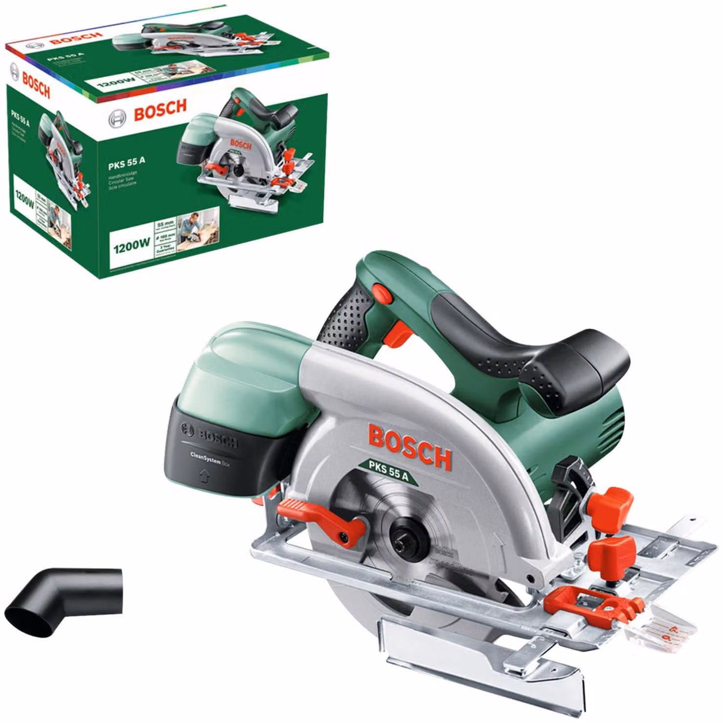 Seghetto circolare Bosch PKS 55 A (per tagli precisi nel legno; 1200 Watt, profondità di taglio massima 5)