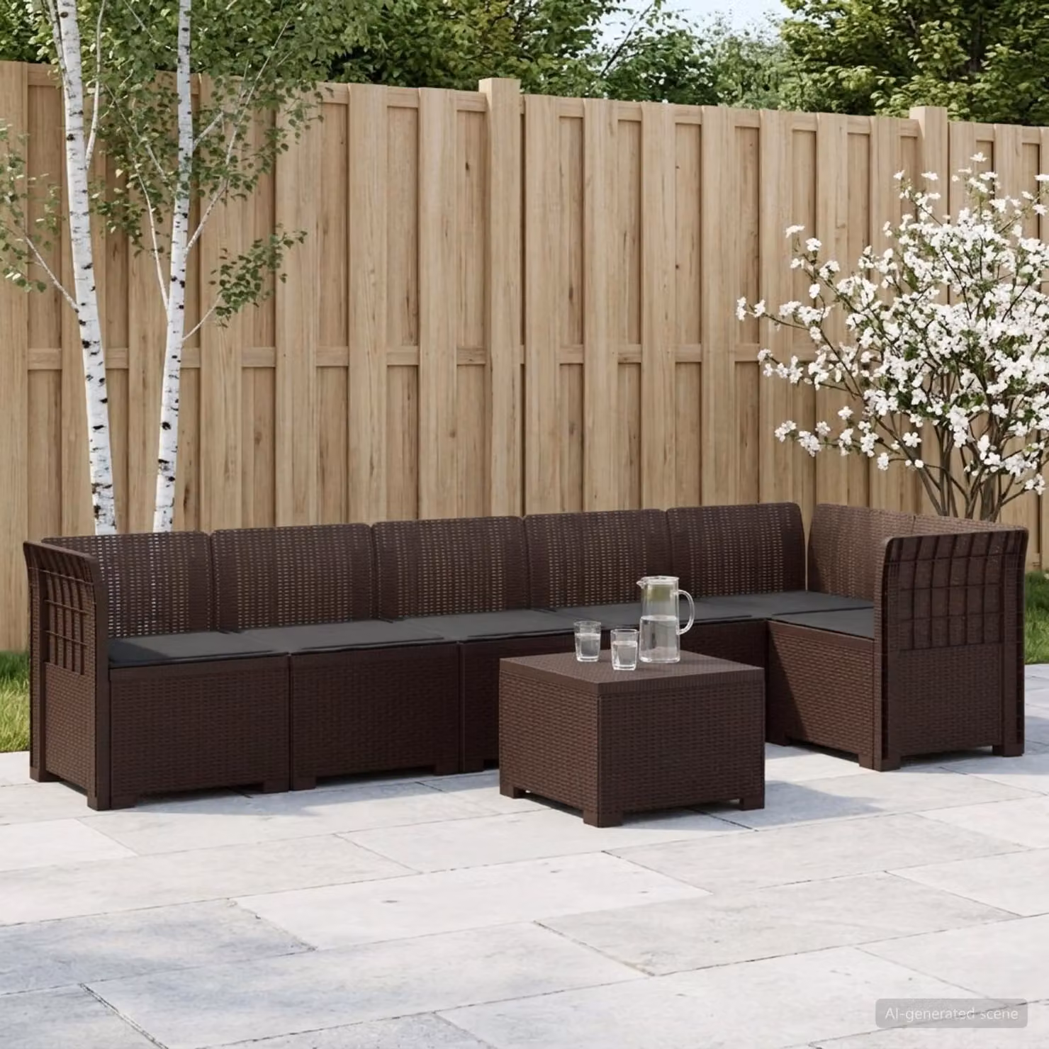 Set da giardino vidaXL a forma di L con divano da 6 posti, tavolino e cuscini in rattan, colore antracite o marrone