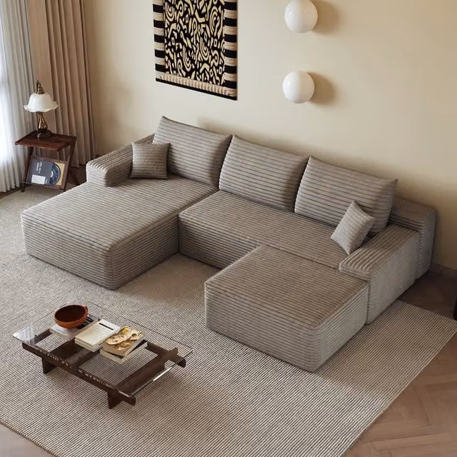Divano angolare con chaise longue e seduta profonda in tessuto a coste, colore camel, 270 × 175 × 83 cm