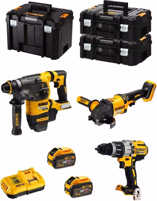 Kit DeWALT FVK381X2HD-QW 54V/18V con Perforatore DCH333, Avvitatore DCD996, Smerigliatrice DCG418, 2 Batterie da 9,0 Ah DCB118 e Contenitori TSTAK II e TSTAK VI, Giallo