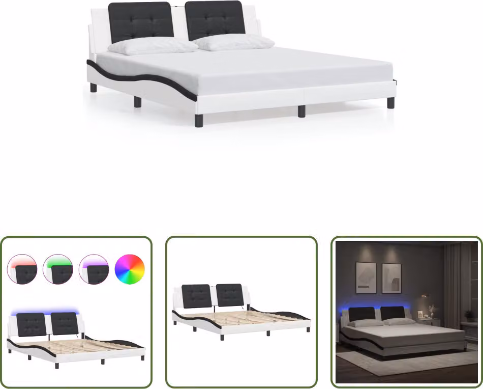 The Living Store Struttura letto con LED bianco e nero 180x200 cm in ecopelle