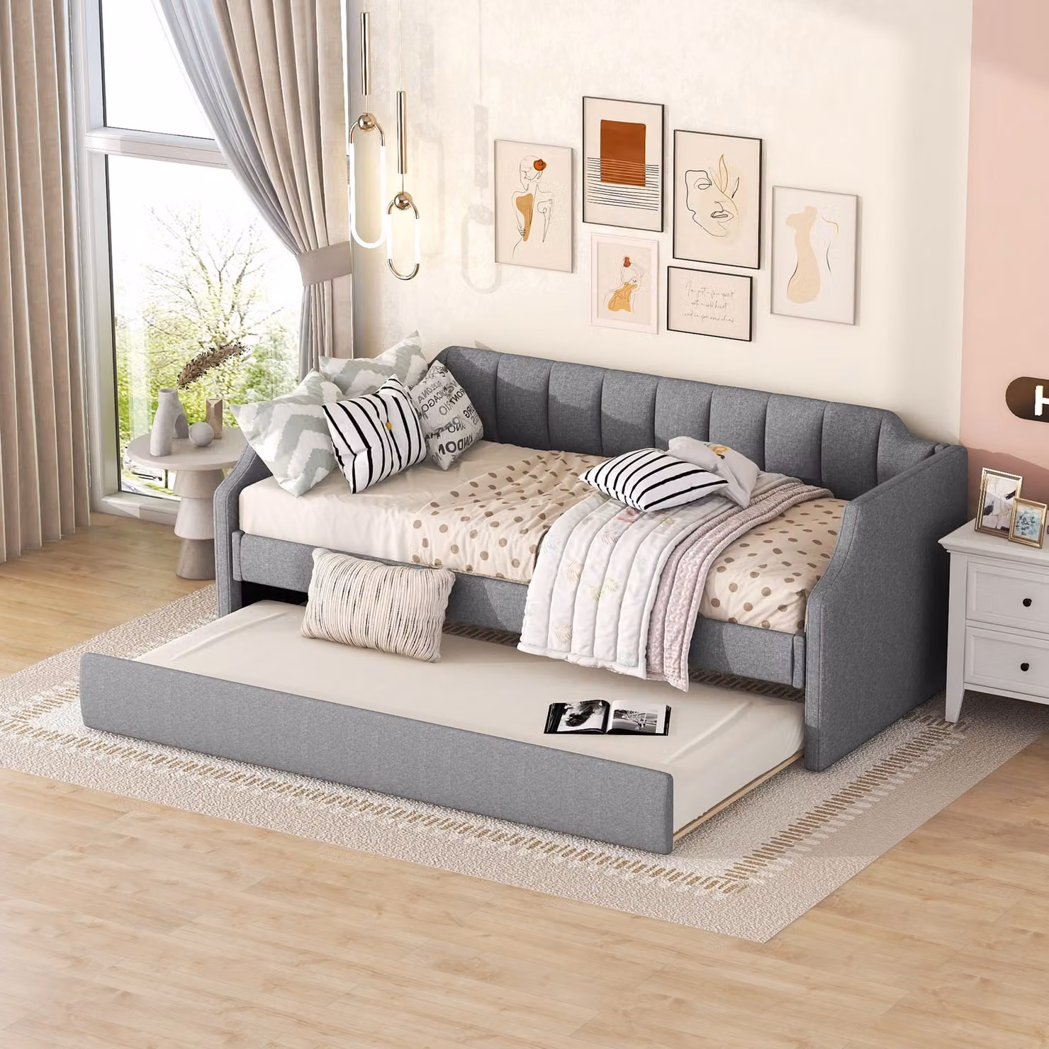 Letto imbottito Fortuna Lai 90 x 200(190) cm con rete, letto a scomparsa, divano letto da giorno, letto per ospiti estensibile, grigio