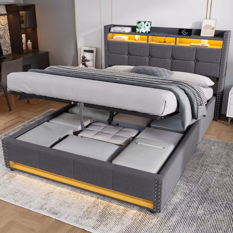 Letto imbottito idraulico MODFU, 140x200 cm, con LED e porta USB, letto con box contenitore e ampio spazio di stoccaggio, letto per giovani con testiera imbottita, senza materasso, colore grigio