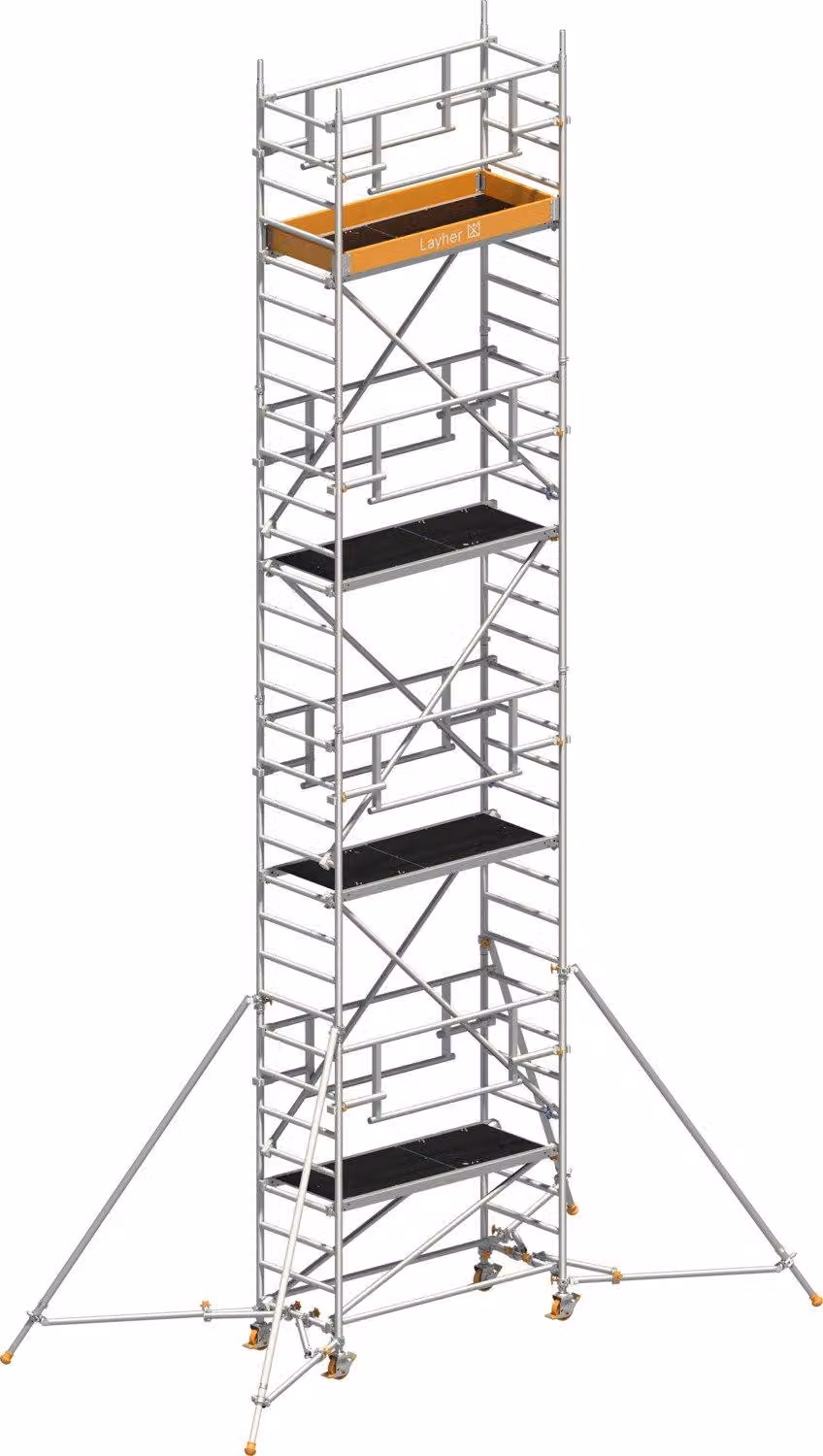 Ponteggio mobile Layher Uni Leicht P2 Safety Plus con doppia ringhiera e puntelli estensibili 9,10 m AH