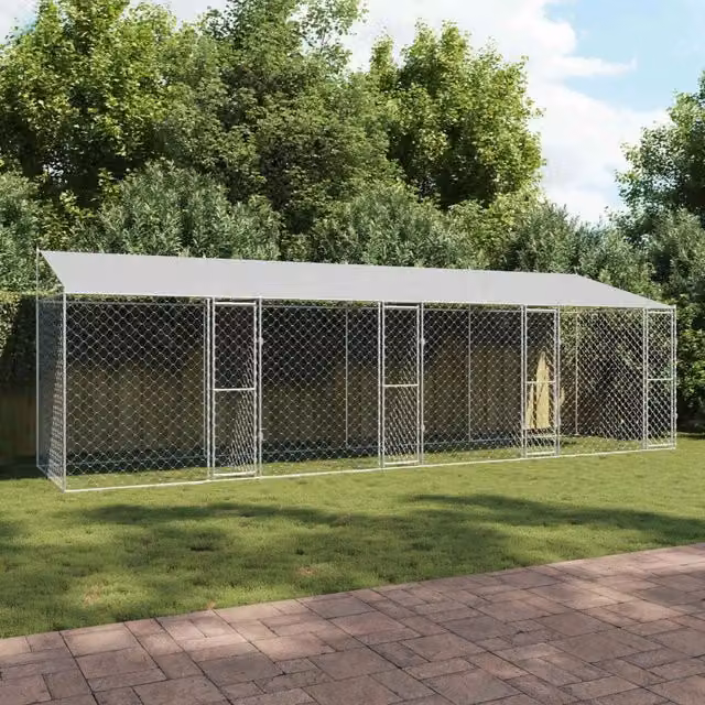 Gabbia per cani vidaXL in metallo con tetto resistente alle intemperie, colore argento, L: 800 cm, P: 200 cm, H: 256 cm – 1