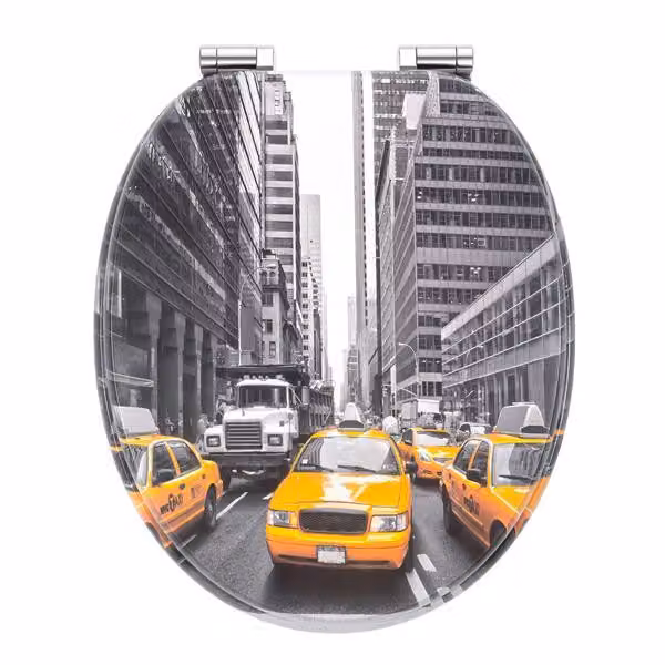 Sedile WC con chiusura ammortizzata | Anima in legno | Cerniere stabili con chiusura ammortizzata | Facile da montare | Superficie liscia | Fantastici motivi tra cui scegliere | Copri WC in legno universale (New York Taxi)
