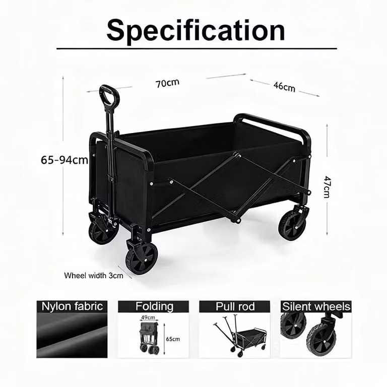 Carrello da giardino pieghevole - Carrello manuale - 4 ruote - Capacità di carico: 80–150 kg - Ruote da 12,7 cm - Colore: nero