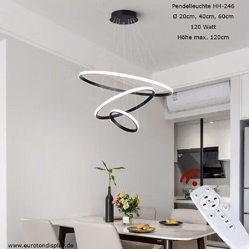 HH-246 Eurotondisplay Lampada a sospensione LED 3 anelli 20*40*60cm con telecomando Colore della luce Luminosità regolabile in continuo Dimmerabile 120 Watt Lampada a soffitto LED regolabile in altezza 120cm Lampada a sospensione Design A+