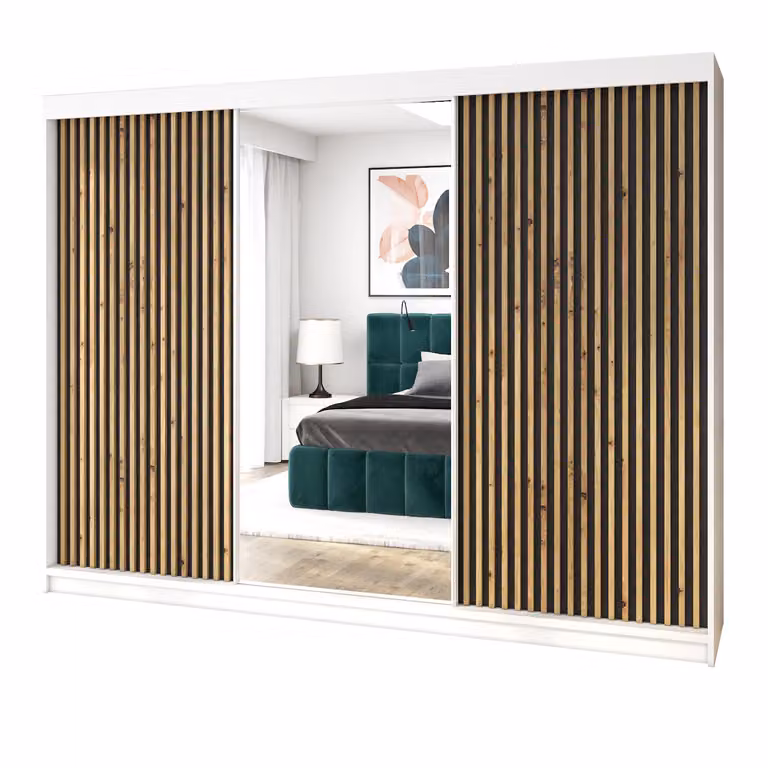 Armadio a porte sospese, a 3 ante, modello FARA 200 cm (con specchio) Bianco / nero / nero