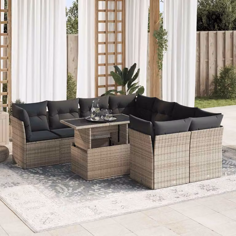 Set Divano da Giardino vidaXL 9 pz con Cuscini e Tavolino da Caffè, Design Moderno a L, Colore Grigio
