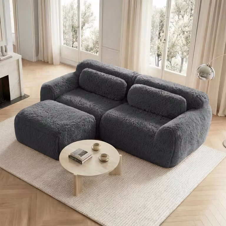 Divano modulare - Divano angolare a forma di L - 2 posti - Rivestimento in peluche morbido - Imbottitura elastica da 30D - Base antiscivolo - Grigio