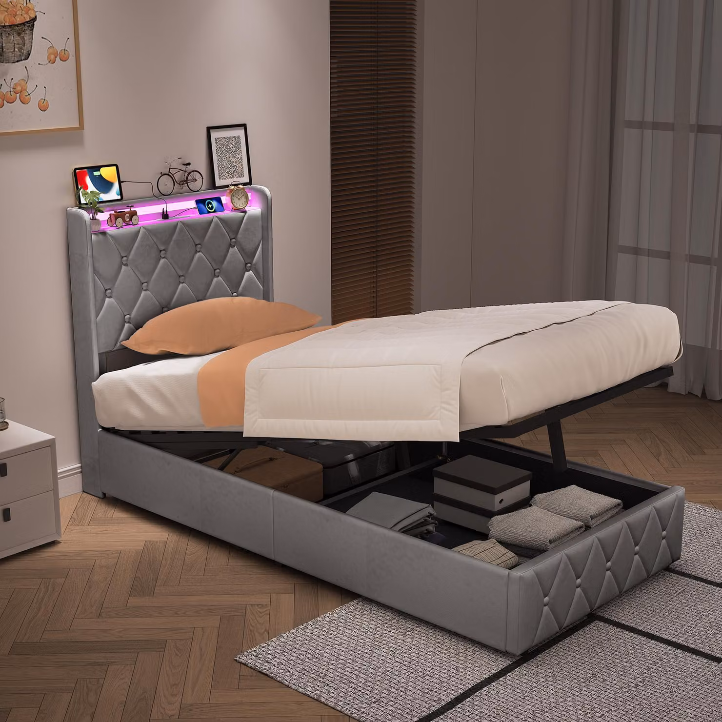 Letto imbottito UnboxG 90x200 cm con USB, letto per ragazzi a una piazza con rete a doghe e spazio contenitore, letto con spazio contenitore e luci LED, in velluto, colore grigio