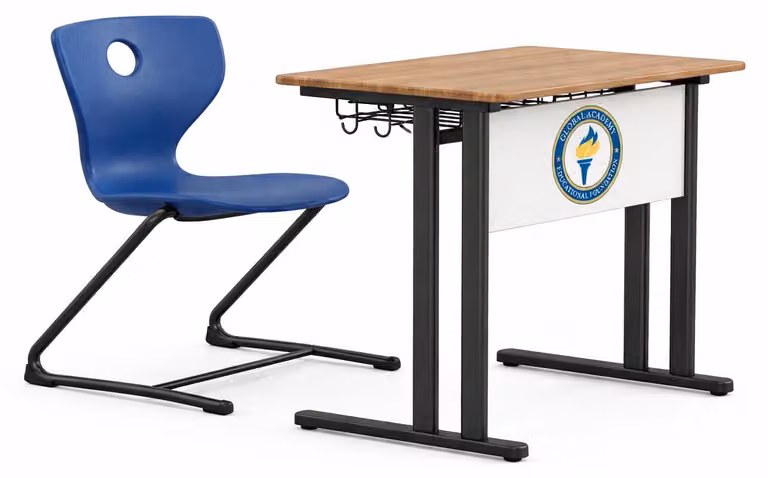 Scrivania moderna per scuola, con struttura robusta e sedia ergonomica