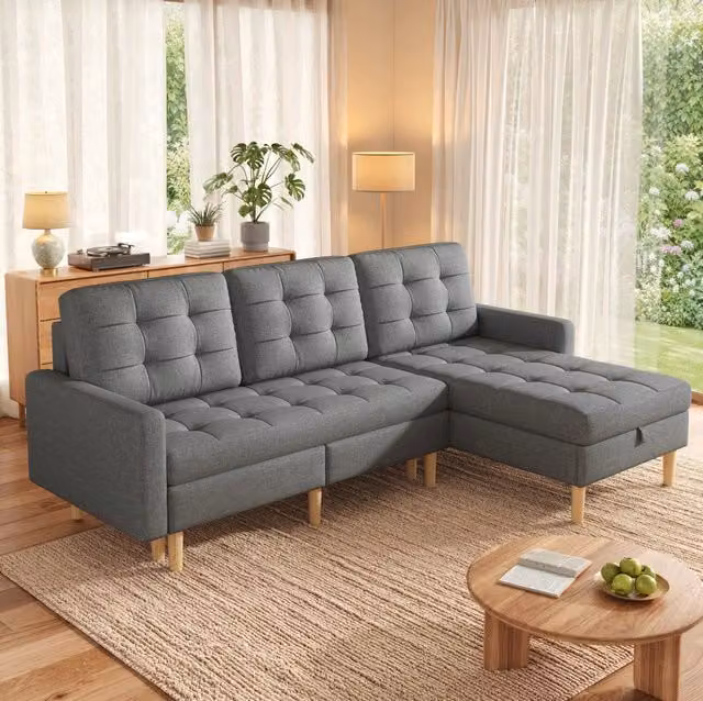 Divano angolare con chaise longue reversibile e doppio vano contenitore 212×130×86 cm grigio
