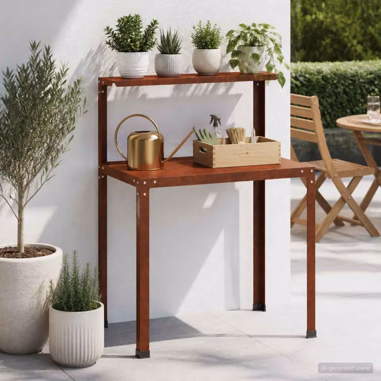 vidaXL Tavolo da rinvaso moderno in metallo e legno, colore marrone, L 100 x P 50 x H 104 cm