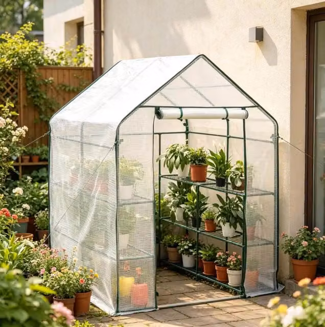 Serra da giardino ULEVR 143x143x195 cm con telo in polietilene e apertura frontale con cerniera, bianca