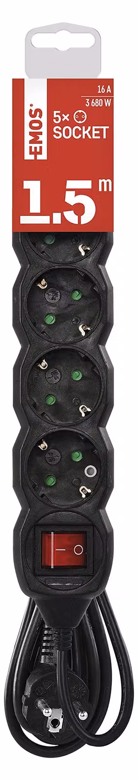 Presa EMOS a 5 vie con interruttore, 150 cm di cavo 1,5 mm2, nero, prese ruotate di 45°, Schuko con protezione tattile avanzata, per uso interno, PC1521R