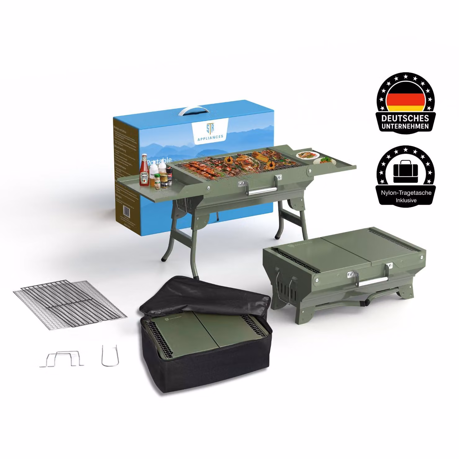 STR Elettrodomestici Griglia da campeggio portatile, griglia a carbone pieghevole, griglia a carbone da tavolo da viaggio 45 x 31 cm, griglia da tavolo, campeggio