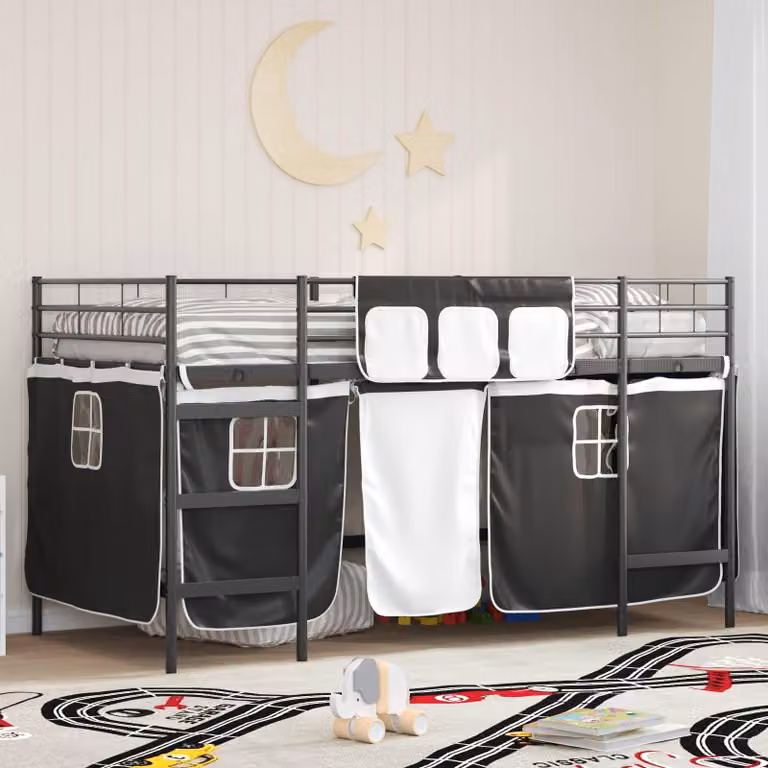Letto a castello esclusivo per bambini, con tende in tessuto unito nero, dimensioni 100 x 200 cm