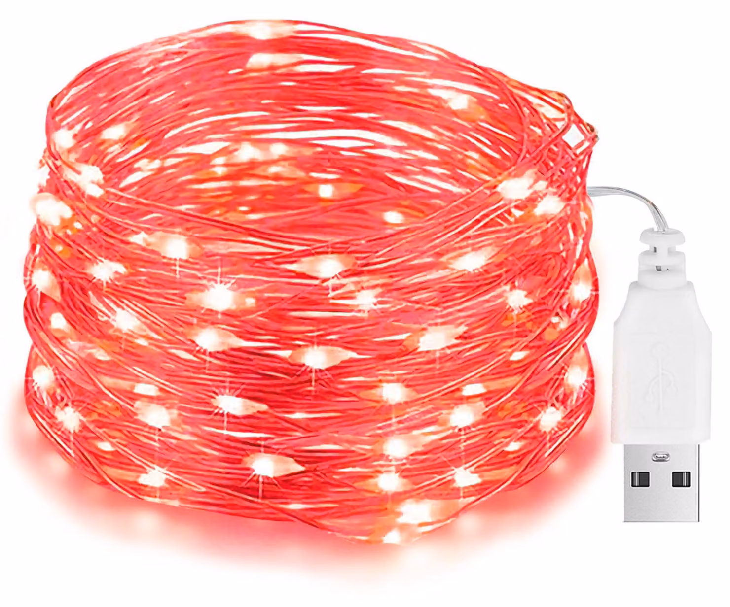 Catena luminosa a LED, 10 metri, 100 LED, colore rosso, filo di rame, alimentazione USB, grado di protezione IP65 (resistente all'acqua)