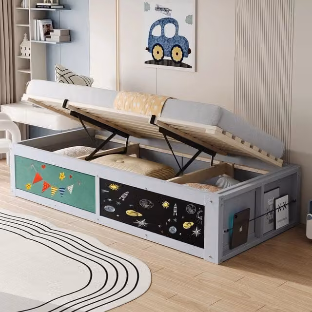 Letto Singolo Minimal con Contenitore e Scrivania in Legno, Grigio, 90x200 cm