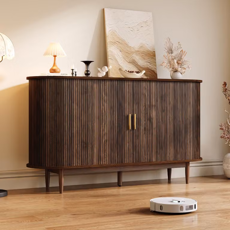 Mobile contenitore MODFU con 2 ante scorrevoli, mobiletto contenitore con ante a battente e cassetto, credenza 140×40×78 cm, armadio per il soggiorno con spazio contenitivo, noce