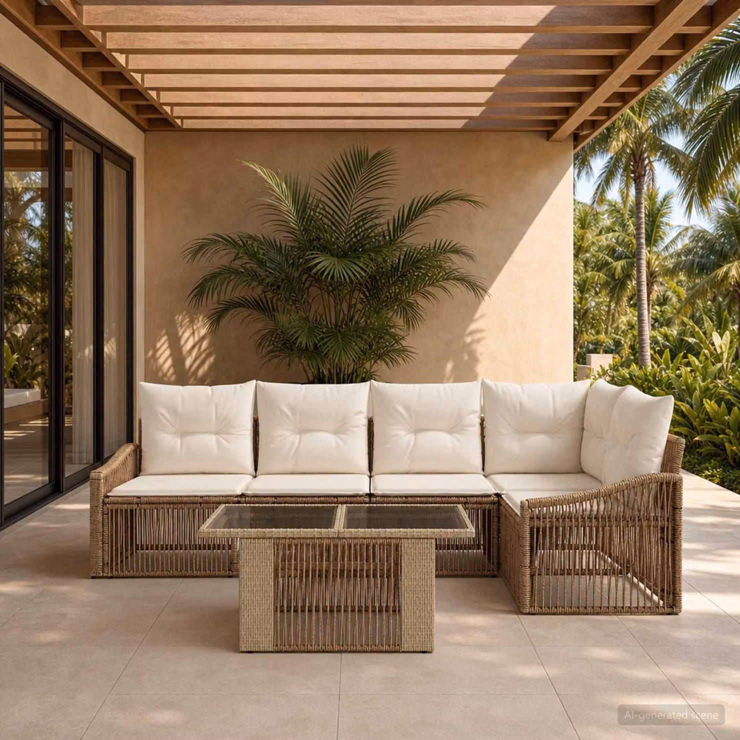 Set Divano da Giardino vidaXL 6 pz in Polyrattan Beige e Bianco con Tavolino e Cuscini