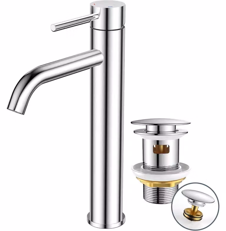 Miscelatore monocomando alto per lavabo, con gruppo di scarico, colore nero. Altezza del beccuccio: 190 mm