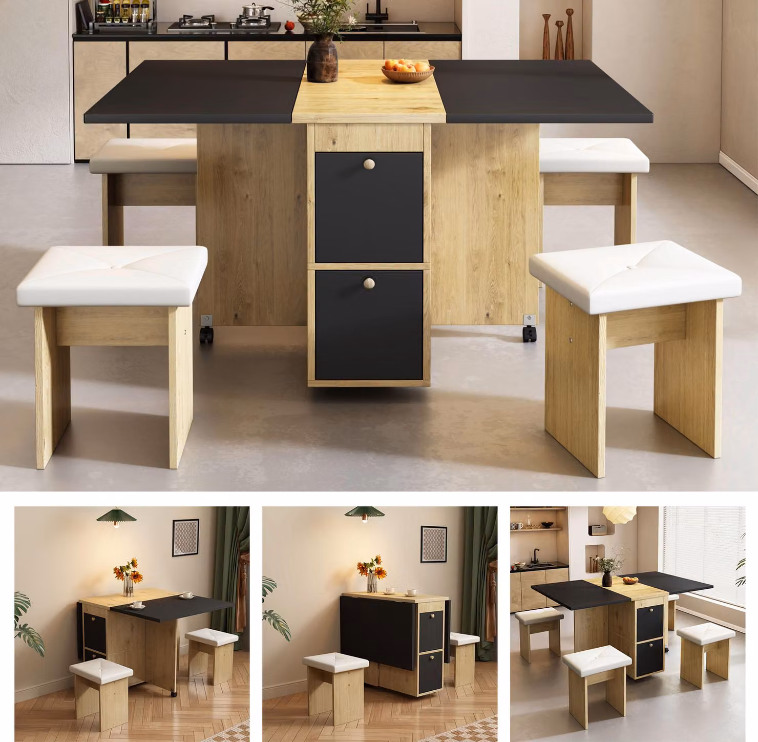 Set tavolo da pranzo Sweiko, (con tavolo da pranzo, 4 sedie), tavolo da pranzo pieghevole, 120x80x75cm, tavolo da pranzo allungabile, tavolo da pranzo allungabile multifunzionale, sedie da pranzo, bianco + rovere + nero
