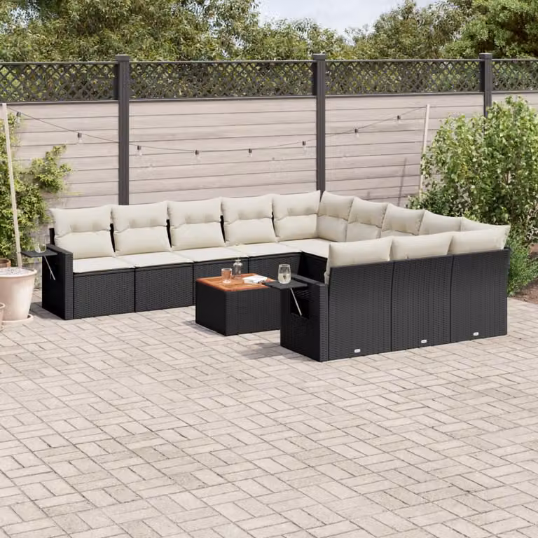 Set di divani da giardino vidaXL in polyrattan nero con cuscini e tavolino da esterno