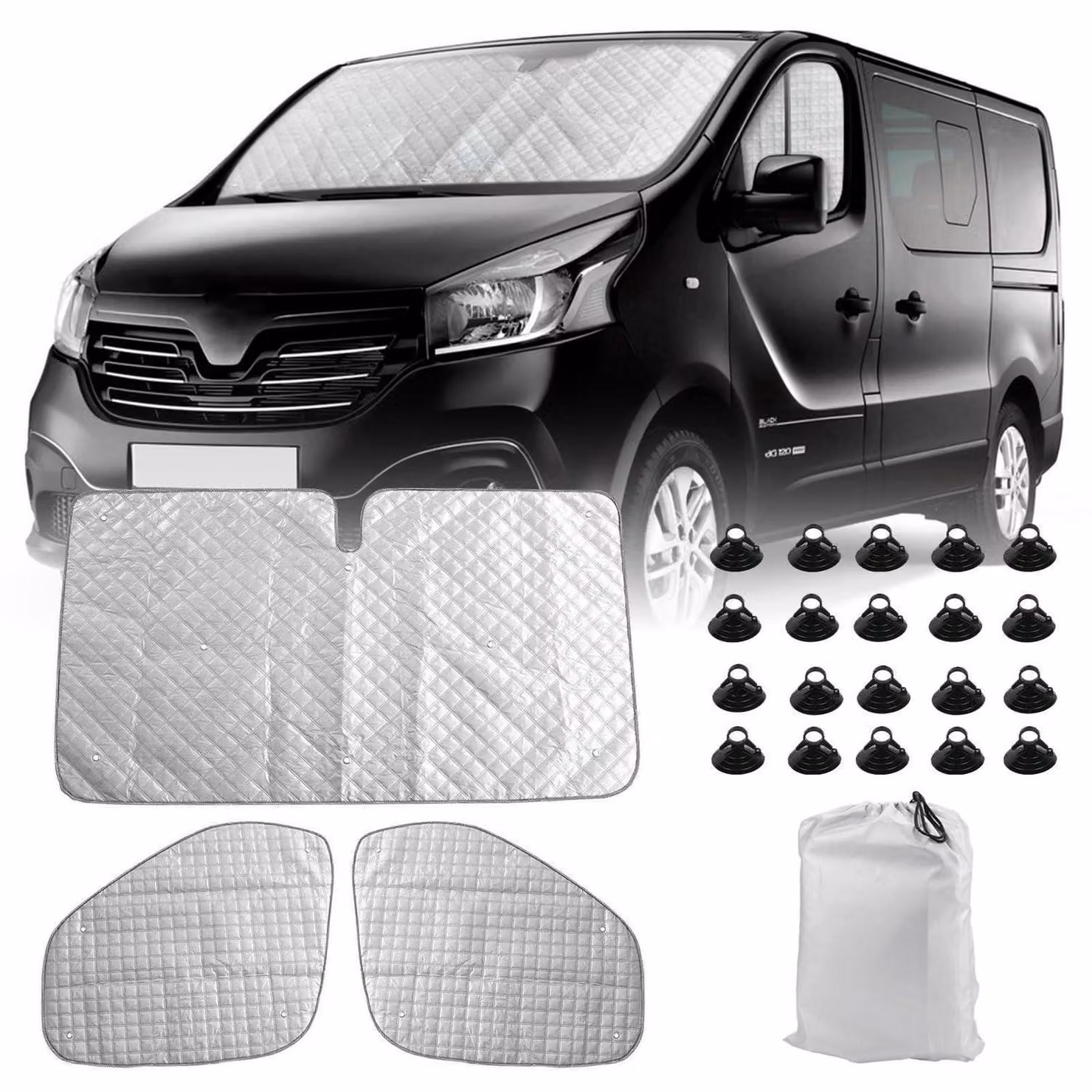 Set di 3 parasole per camper, per parabrezza e finestrini laterali, colore nero. Protezione completa per tutto l'anno, compatibile con Renault Trafic, Opel Vivaro, Nissan NV300 e Fiat Talento