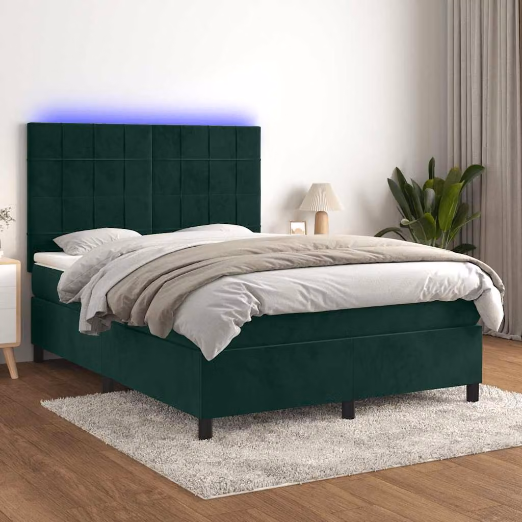 Letto Ibrido con Materasso e LED vidaXL in Velluto Verde Scuro L: 140 cm, P: 200 cm, H: 128 cm – 1