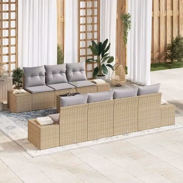 Set Divano da Giardino 8 Pezzi vidaXL in Polyrattan Beige con Cuscini e Tavolino da Caffè