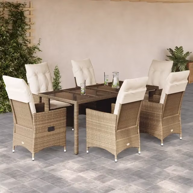 Set da pranzo da giardino vidaXL in polyrattan con cuscini beige e tavolo in vetro, 7 pezzi – 1