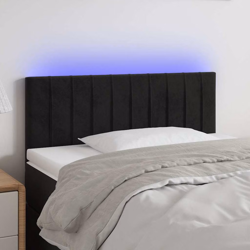 Testiera per letto vidaXL in velluto nero con illuminazione LED e porta di ricarica USB, L: 100 cm, P: 5 cm, H: 78-88 cm
