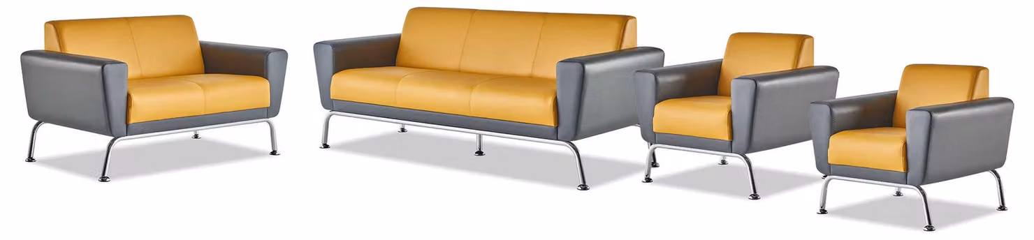 Sofa-Set 3-Sitzer 2-Sitzer Sessel Gelb Grau Edelstahl Leder Holz Modern