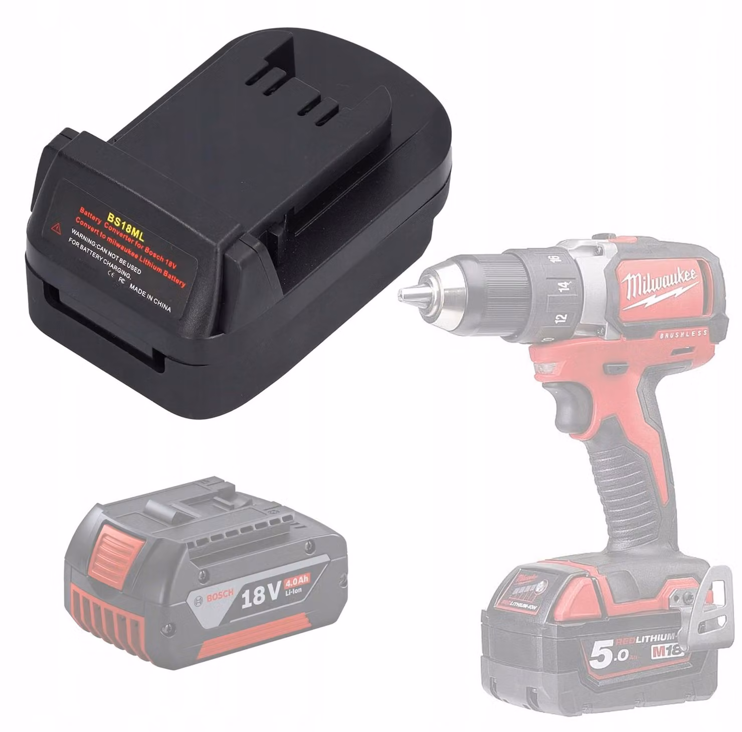 Rosfix BS18ML – Adattatore per Batteria Bosch 18V a Milwaukee 18V | USB 5V, 2.1A | Compatibile con i Modelli Bosch e Milwaukee | Robusto ABS+PC