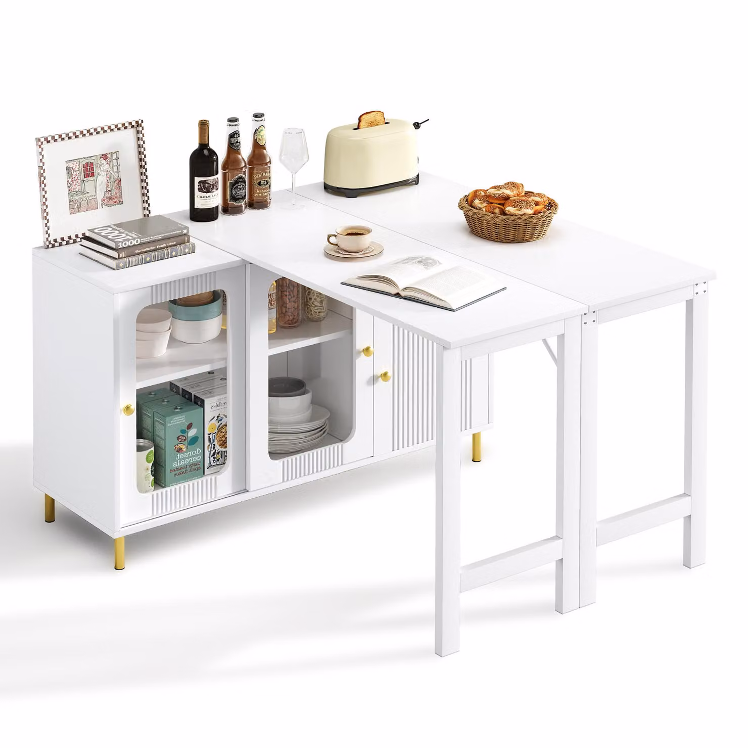 Mobile buffet moderno, bianco, con piano ribaltabile/estendibile, girevole, gambe dorate, ante scorrevoli in vetro e motivo a onde.