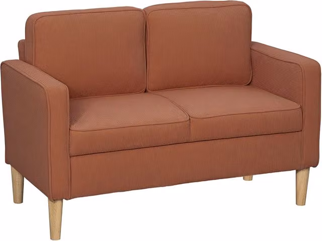 Divano a 2 posti piccolo con braccioli, vano contenitore, divano imbottito moderno effetto velluto a coste, gambe in legno, cuscini, divano lounge
