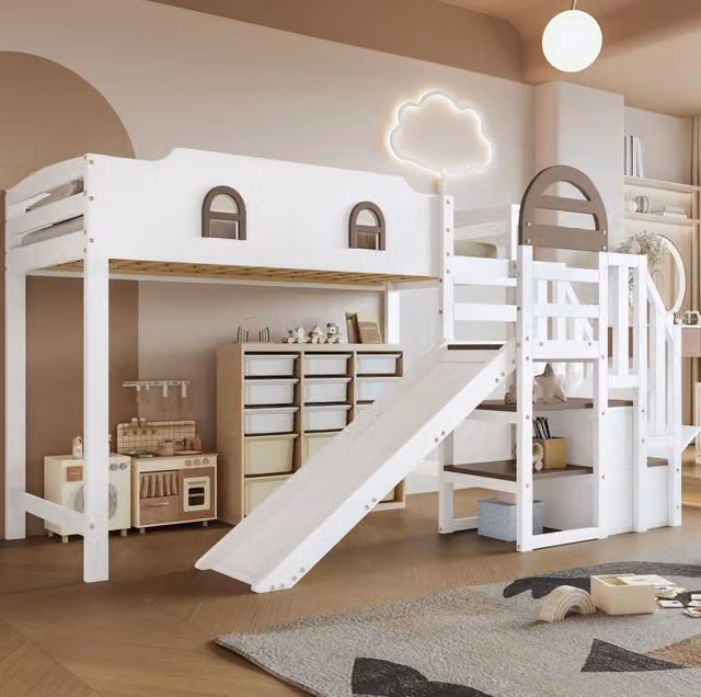Letto a castello 90x200 cm con scivolo; scala contenitore e finestre; bianco