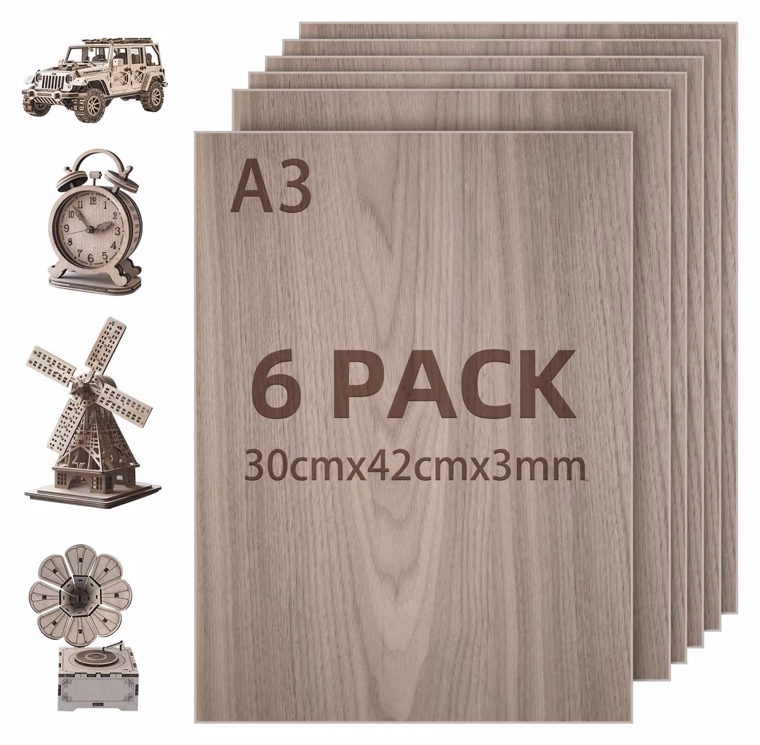Pannelli multistrato da 3 mm - Listelli in noce - 6 pezzi - 30 x 42 cm - Legno tagliato al laser - Ideale per incisione laser/taglio CNC - Pannelli multistrato