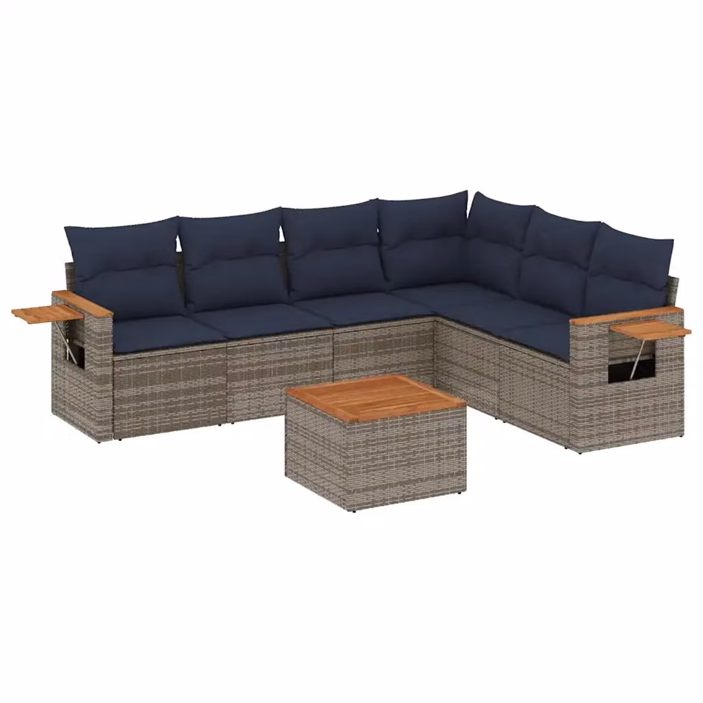 vidaXL Set Divani da Giardino 7 pz a Forma a L in Polyrattan Grigio con Cuscini e Tavolino – 2
