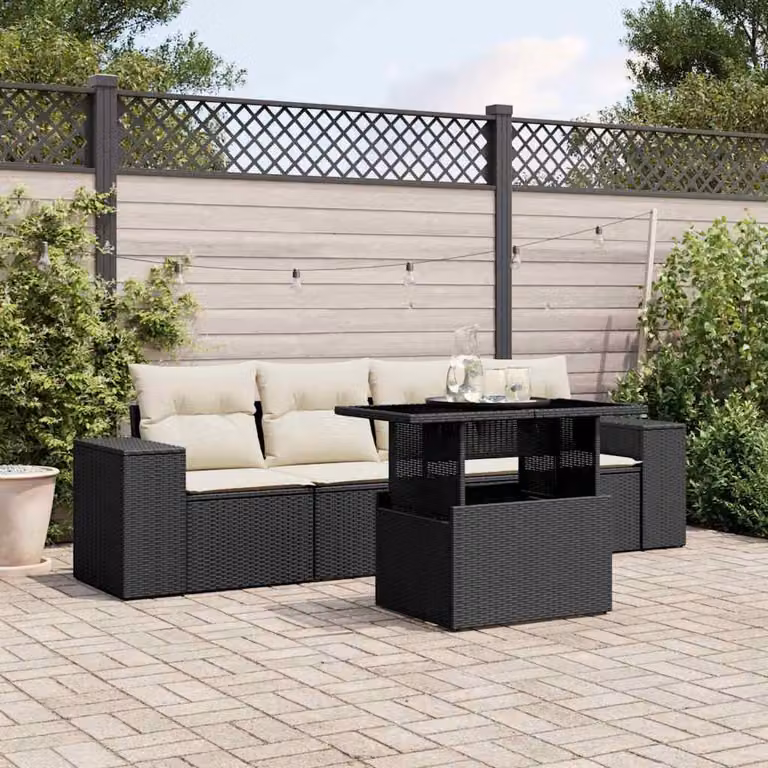 Set Divani da Giardino vidaXL 5 Pezzi con Cuscini e Tavolino, Design Moderno in Polyrattan e Metallo Nero e Bianco