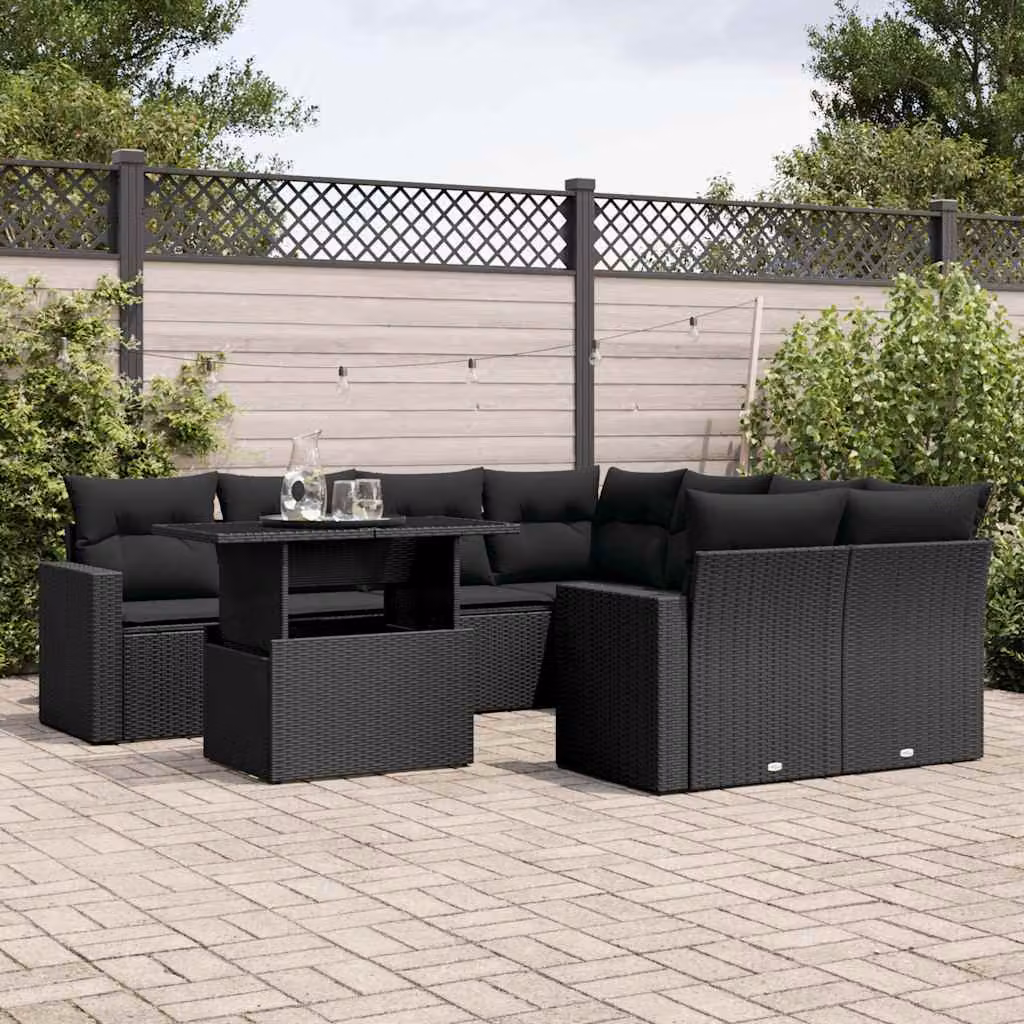 vidaXL Set Divani da Giardino a L 9 pz con Cuscini e Tavolino Nero in Polyrattan e Acciaio – 1