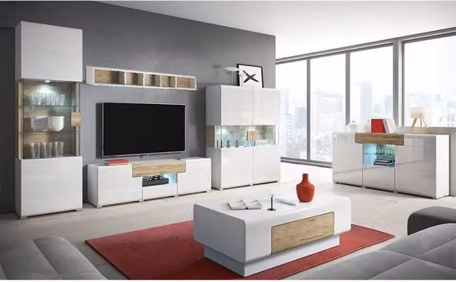 Set completo di 6 mobili da salotto collezione OHIO. Color bianco e effetto quercia.